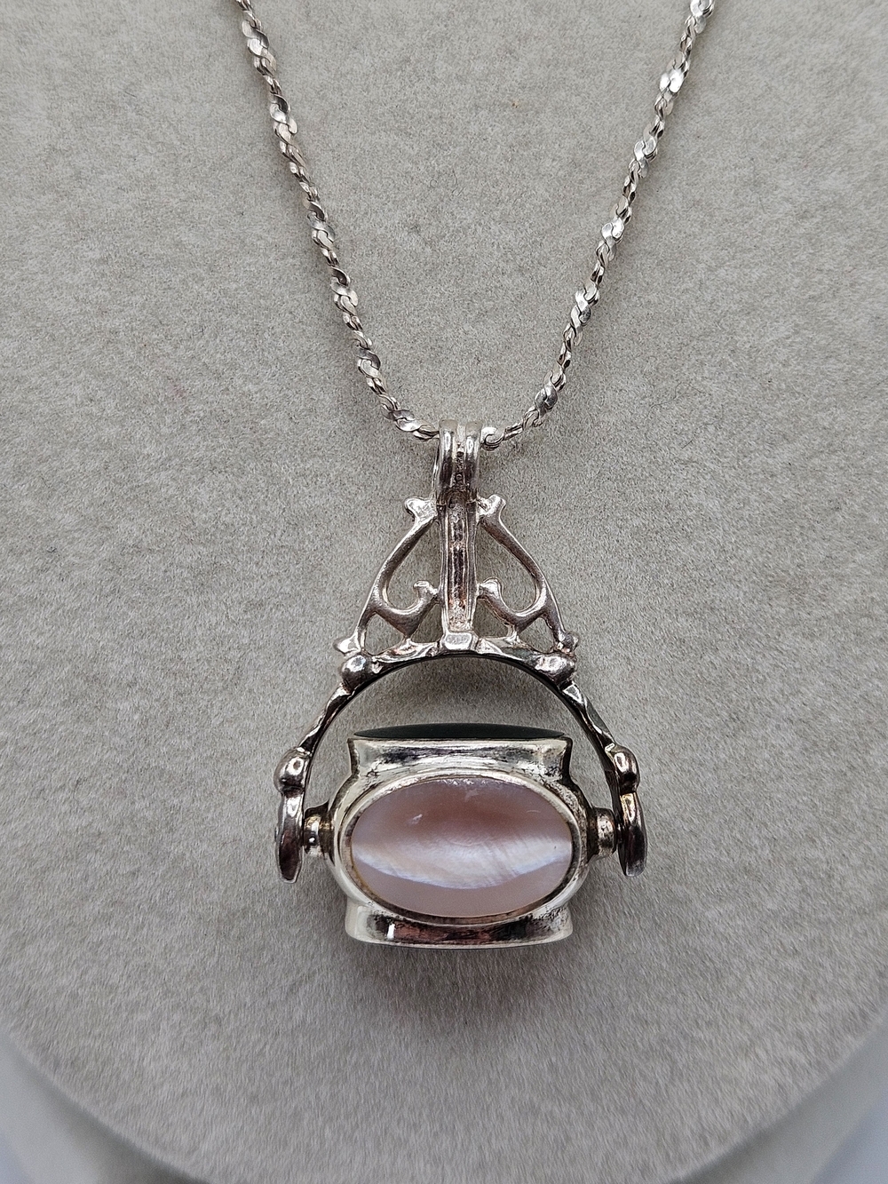 VINTAGE Sterling Silver 925 NF Filigree 4 Sided Spinning Fob Pendant Necklace